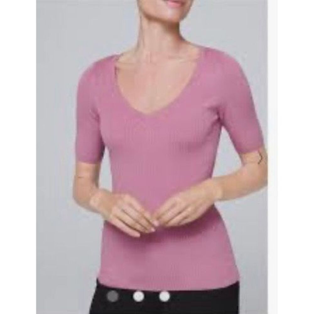 White House Black Market Sweater Womens  Large Short Sleeve V-Neck Pink Knit Tee